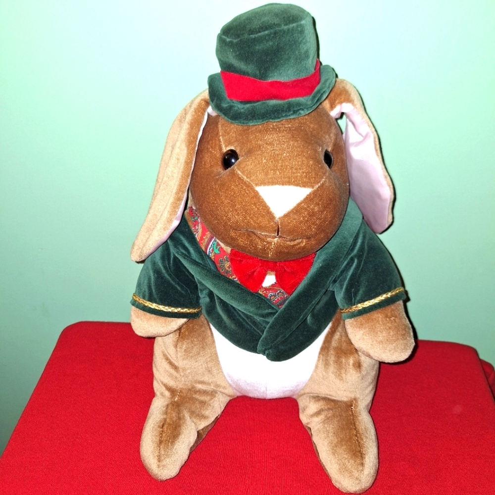 Christmas Rabbit Pair Velveteen Plush Vintage 1980's Boy & Girl 14" Toys R Us - Picture 2 of 16